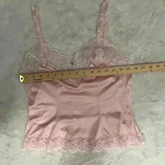 VTG Pink Satin Lace Trim Camisole Top W/Rose Applique Size XS Coquette Romantic - Picture 9 of 12